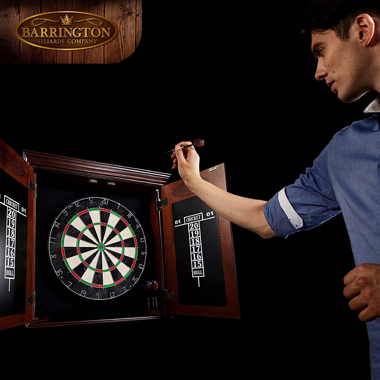 Barrington Dartboard Multiple Styles Pre-Assembled Wood Dartboard Cabinet Collection with 18” Bristle Dartboard & Steel Tip Dart Set, Perfect for Cricket Games