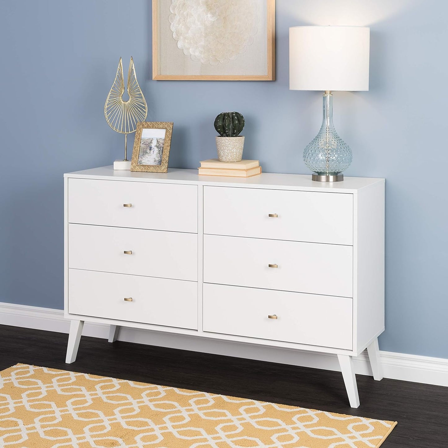 Milo Mid-Century 6 Drawer Double Dresser for Bedroom, 16" D X 52.50" W X 33" H, White