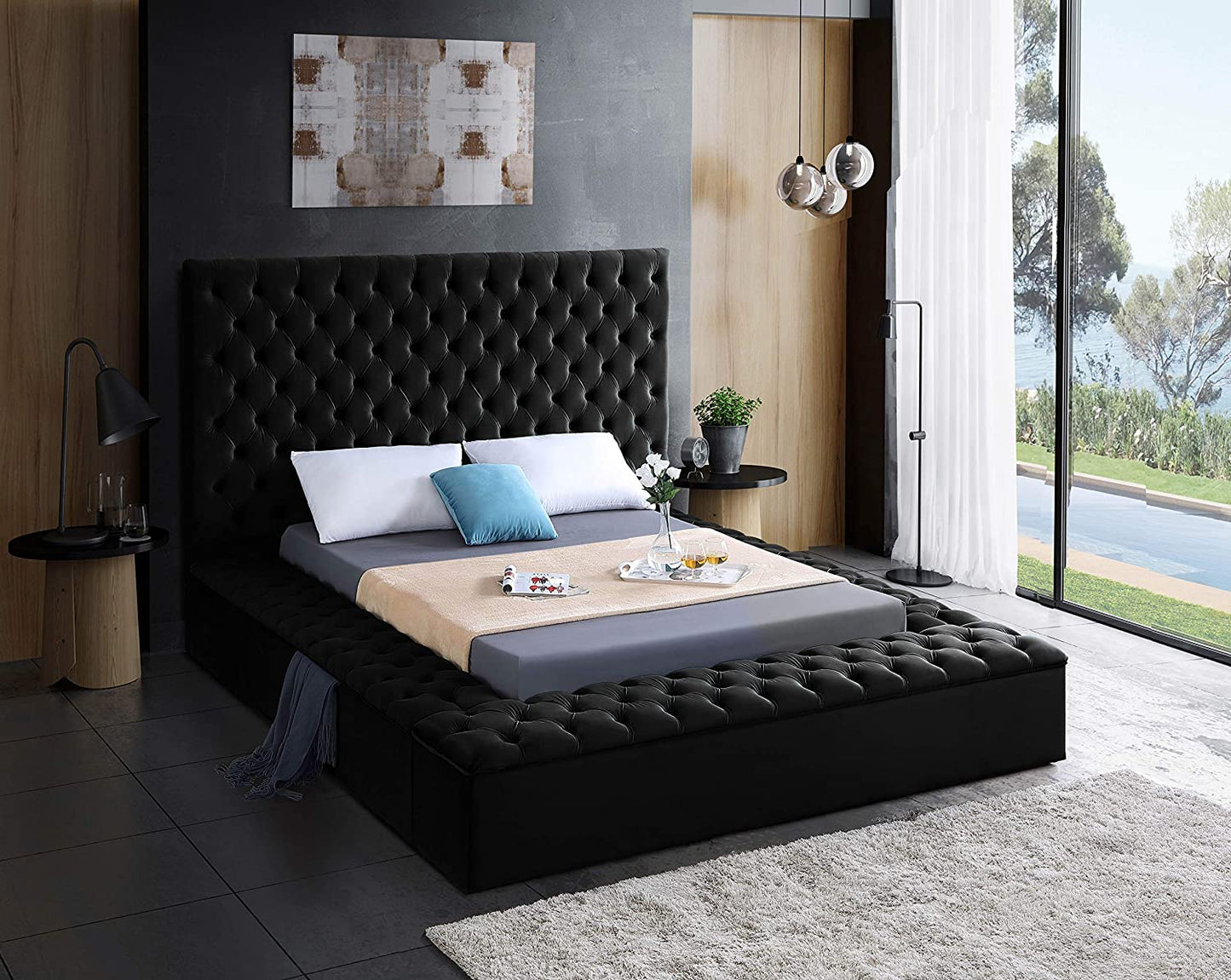 Bliss Collection Modern | Contemporary Velvet Upholstered Bed with Deep Button Tufting and Storage Compartments in Rails and Footboard, Black, King