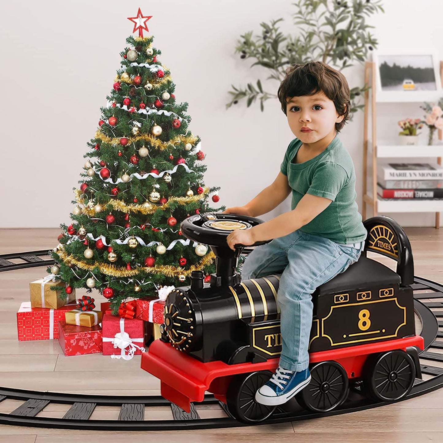 Ride on Train with Track Electric Ride on Toy W/Lights & Sounds Storage Seat Train Toy Ride for Kids Birthday Gift Riding Car Train for Children Baby Toddlers Boys & Girls