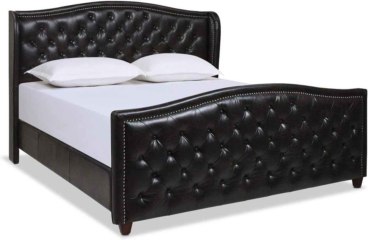 Anastasia Upholstered Shelter Headboard Bed Set, King, Vintage Black Brown Faux Leather