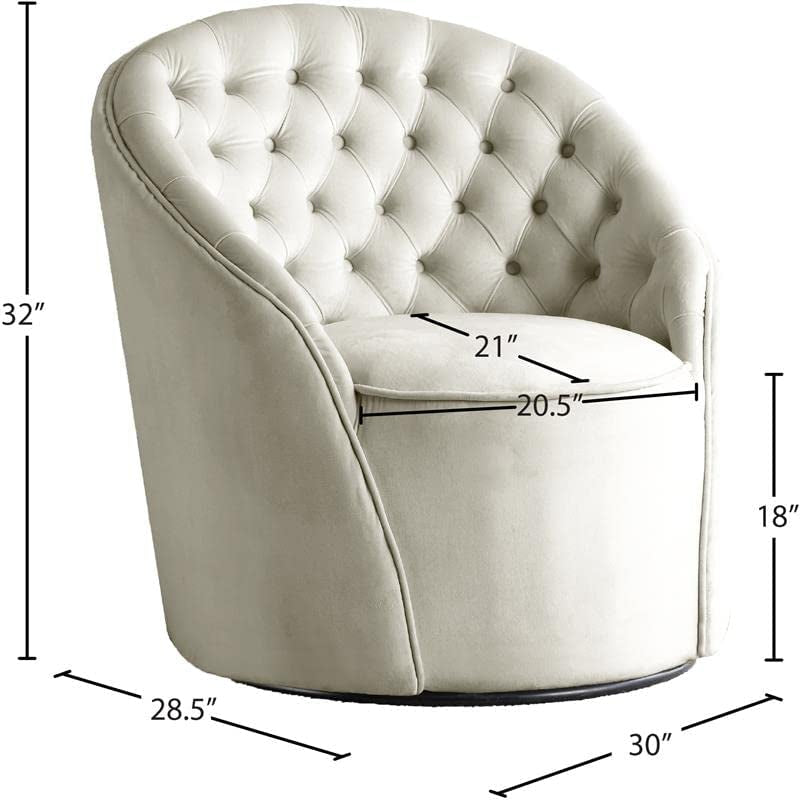 Alessio Collection Modern | Contemporary Velvet Upholstered Swivel Base Accent Chair with Deep Button Tufting and Rounded Design, 30" W X 28.5" D X 32" H, Cream