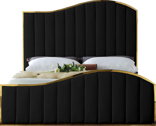 Jolie Collection Modern | Contemporary Velvet Upholstered Bed with Channel Tufting, and Polished Gold Metal Frame, Black, Queen