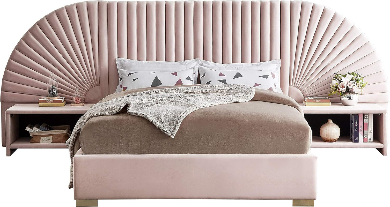 Cleo Collection Modern | Contemporary Velvet Upholstered Bed with Gold Steel Legs and Removable Panels, King, Pink