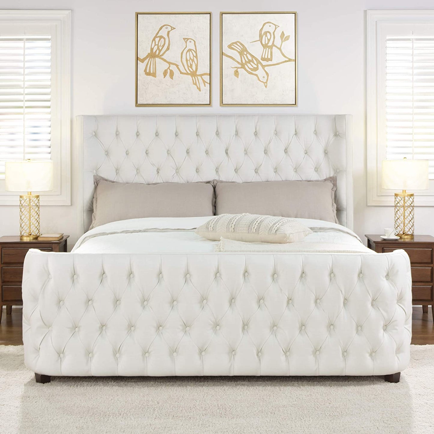 Brooklyn King Tufted Panel Bed Headboard and Footboard Set, Antique White Polyester