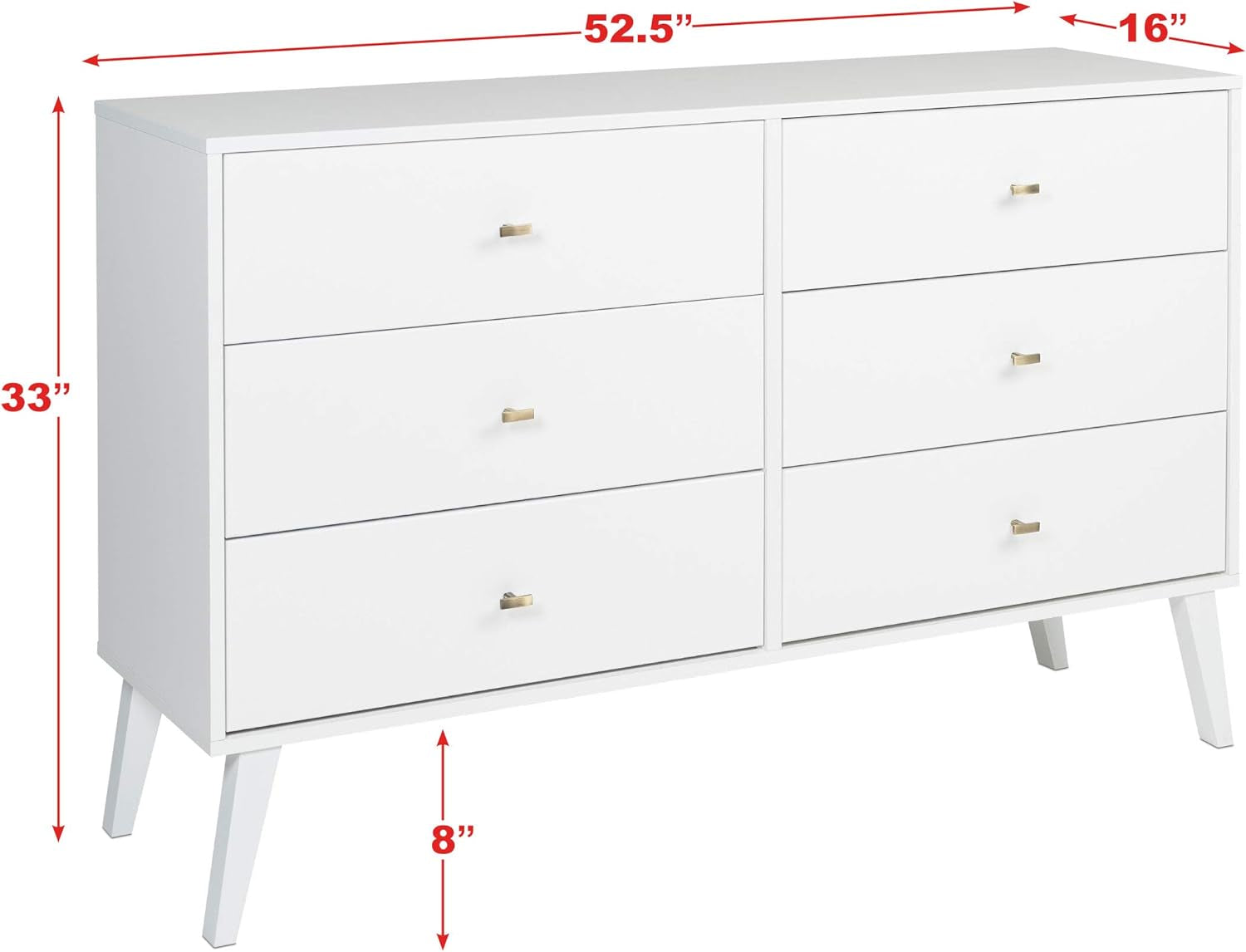 Milo Mid-Century 6 Drawer Double Dresser for Bedroom, 16" D X 52.50" W X 33" H, White