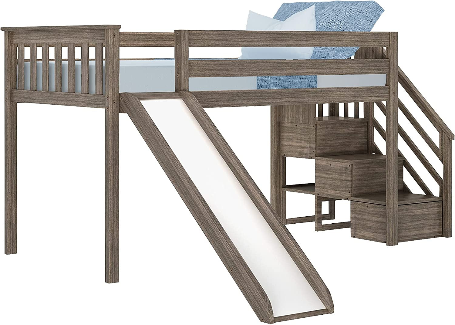 Low Loft Bed, Twin Bed Frame for Kids with Stairs and Slide, Clay