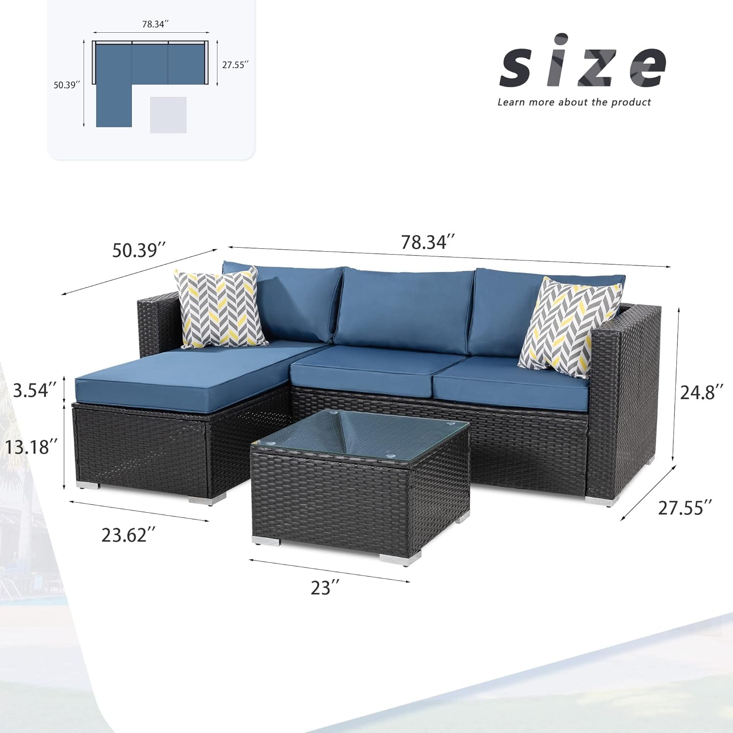 Patio Furniture Sets 3 Pieces Outdoor Sectional Sofa Black All-Weather Rattan Wicker Sofa Small Patio Conversation Couch with Washable Cushion and Glass Table(Aegean Blue)