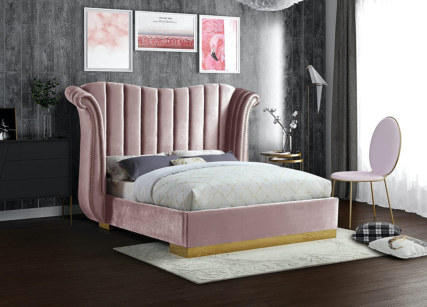 Flora Collection Modern | Contemporary Velvet Upholstered Bed Nailheads, Deep Channel Tufting and Gold Metal Base, King, Pink