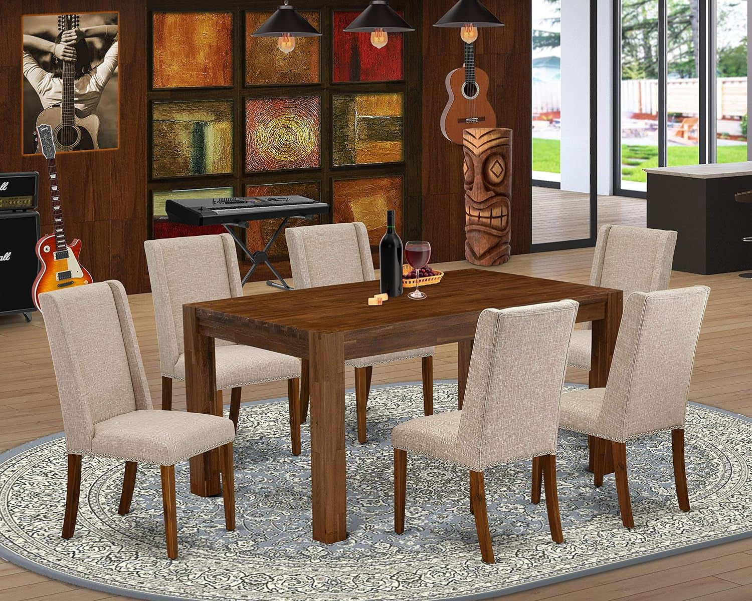 CNFL7-N8-04 Celina 7 Piece Set Consist of a Rectangle Rustic Wood Kitchen Table and 6 Light Tan Linen Fabric Parson Dining Room Chairs, 36X60 Inch