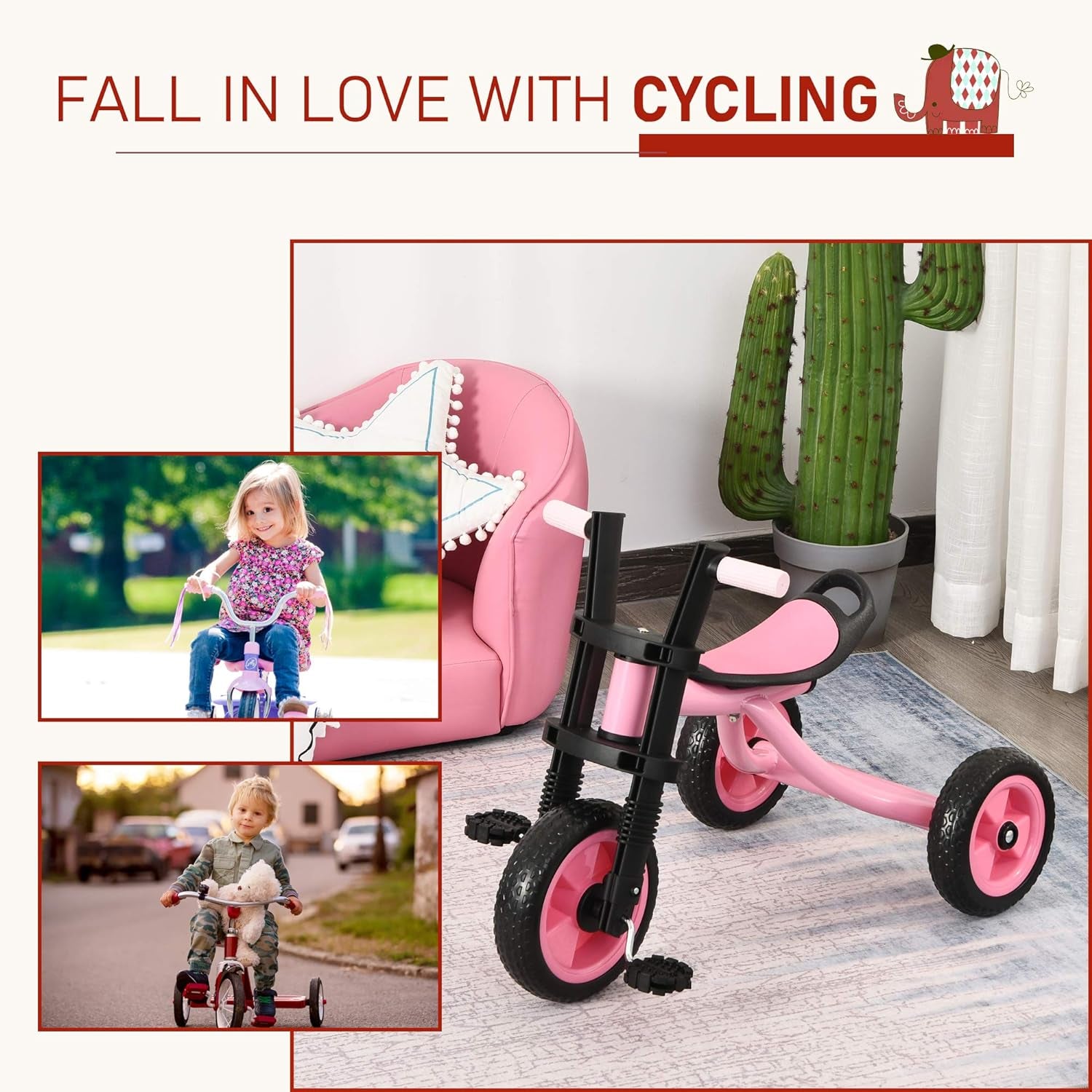 3 Wheel Kids Tricycle Toddler Walking Trikes with Adjustable Seat for 3-6 Years Old Boys & Girls Pink