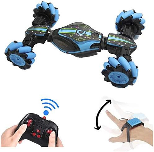 RC Stunt Car, 4WD 2.4Ghz Remote Control Car, Deformable All-Terrain off Road Car, 360 Degree Flips Double Sided Rotating Race Car with Gesture Sensor Watch Lights Music for Kids (Blue)